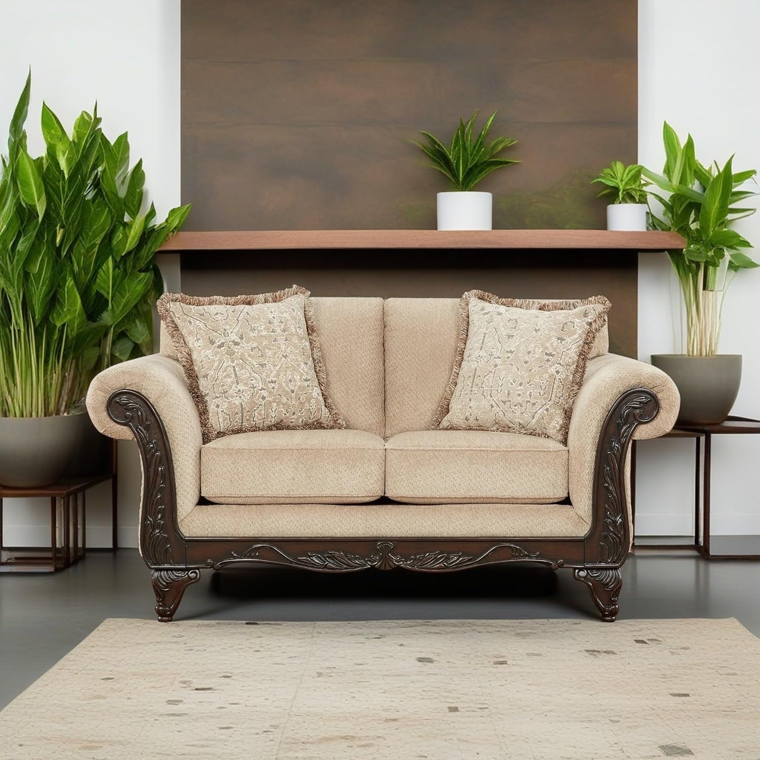 Hernen Carved Wood Frame 5Piece Living Room Set Beige Wheat ShipItFurniture