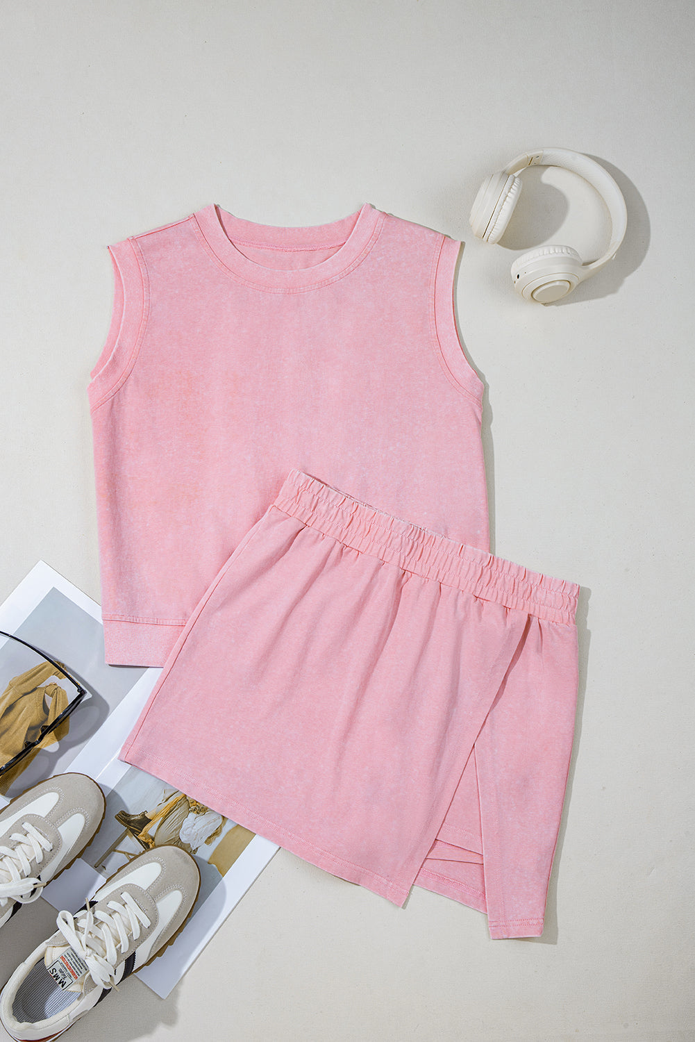 Aria 2 Pieces Mineral Wash Cotton Tank Top Lined Split Skirt Set Threaded Pear