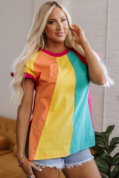 Stormi Color Block Ruffled Crew Neck Loose Fit Top