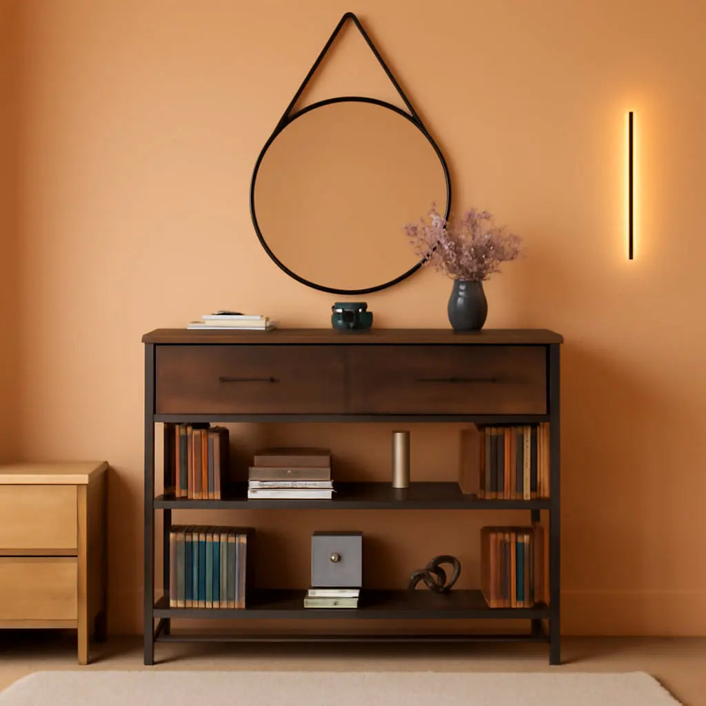 Industrial Dark Brown Sofa Table With Drawers And Shelves-0