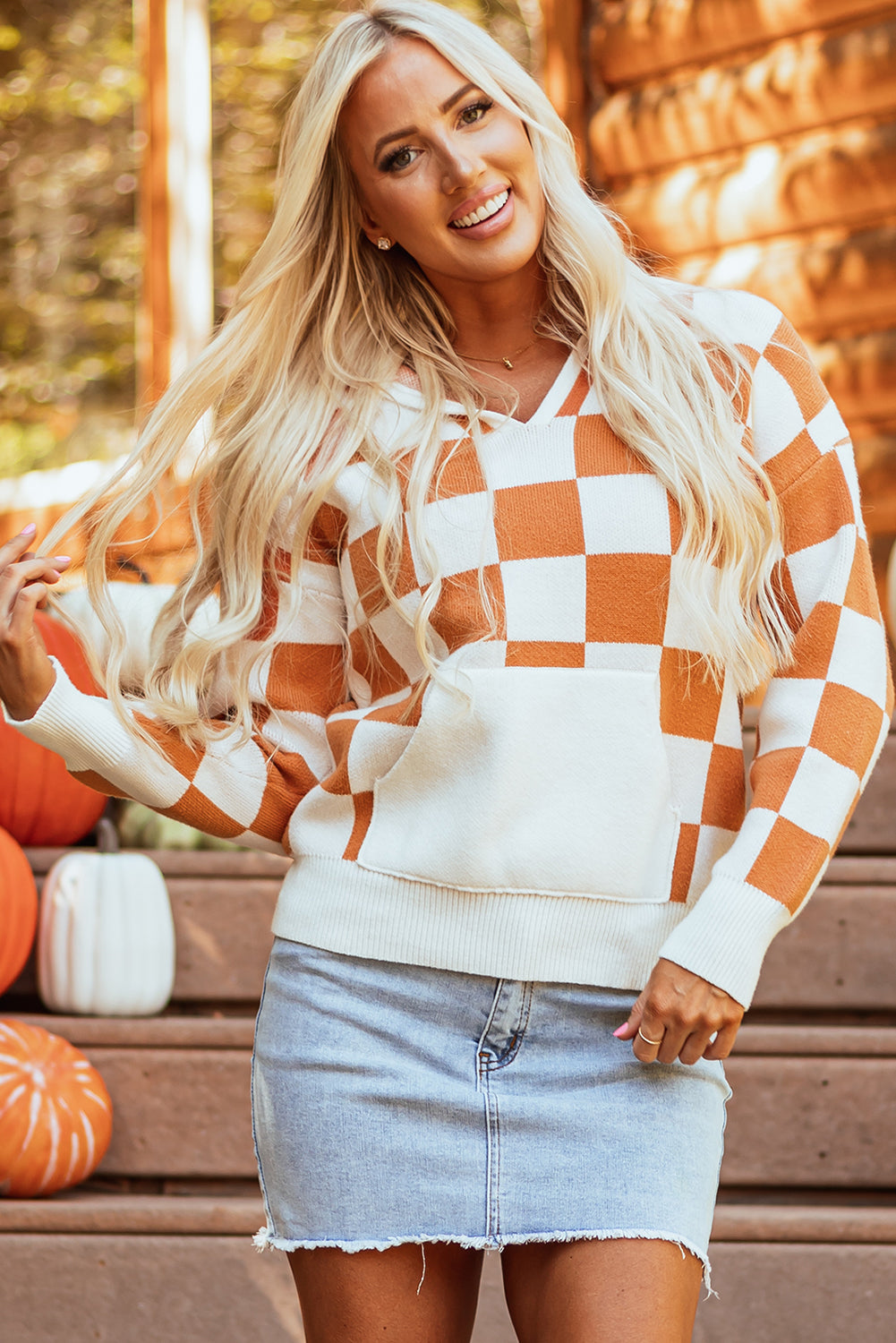 Lila Checkered Kangaroo Pocket Hooded Sweater Threaded Pear
