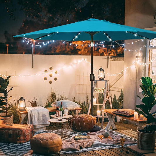 9 Ft Solar Umbrella 32 LED Lighted Patio Umbrella Table Market Umbrella with Tilt and Crank Outdoor Umbrella for Garden, Deck, Backyard, Pool and Beach (Cerulean) ShipItFurniture