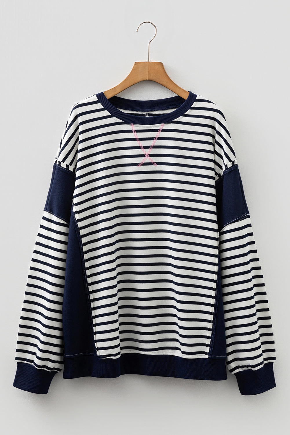 Blue Stripe Contrast Stitched Detail Color Block Patchwork Plus Size Sweatshirt
