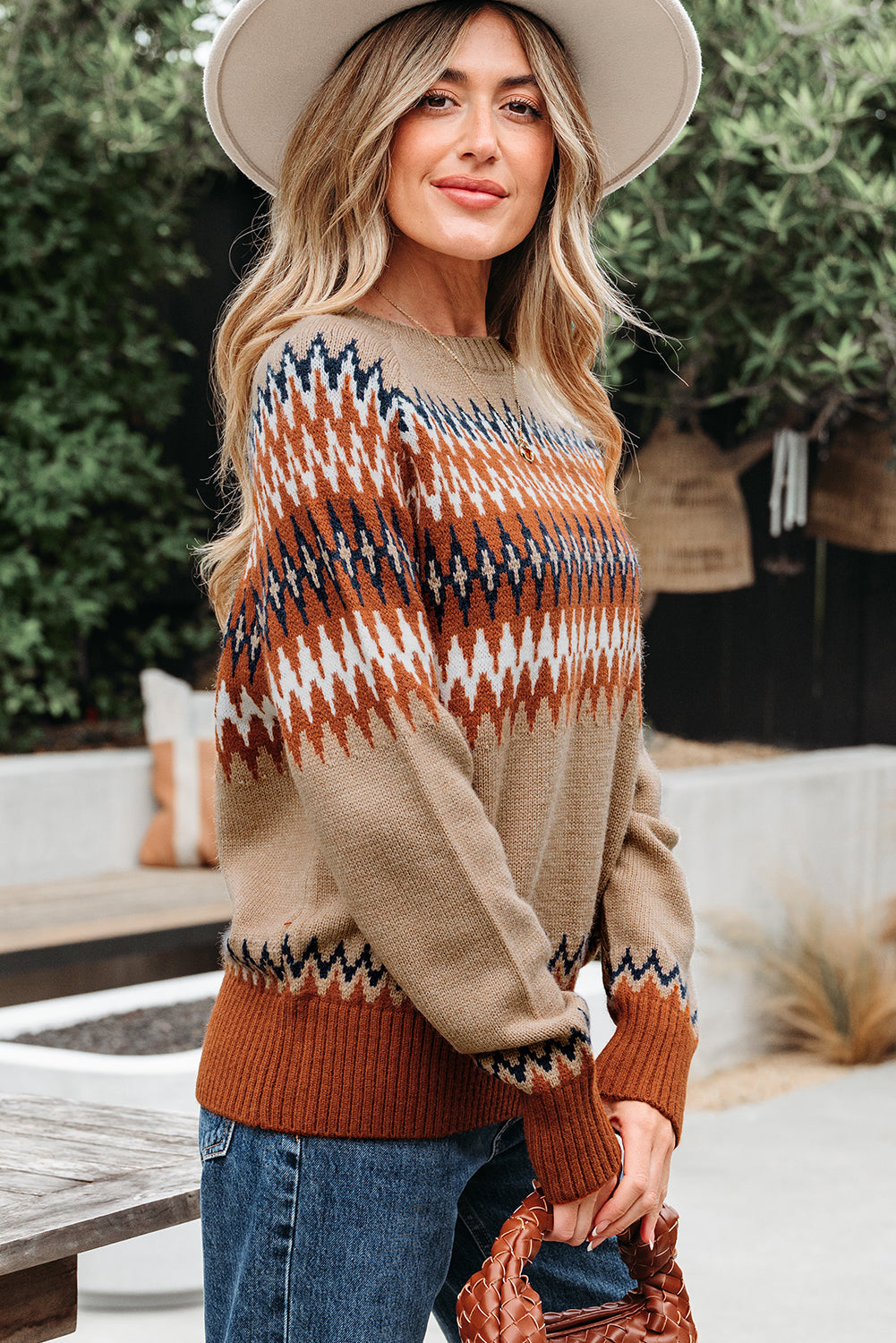 Eva Aztec Crew Neck Sweater Threaded Pear