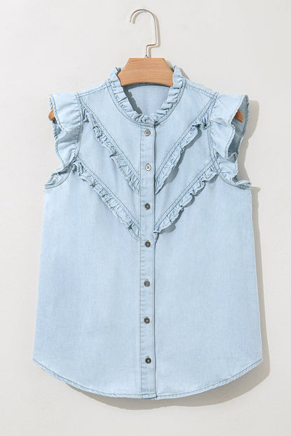 Mazie Mineral Wash Cap Sleeve Frilled Button Up Denim Shirt