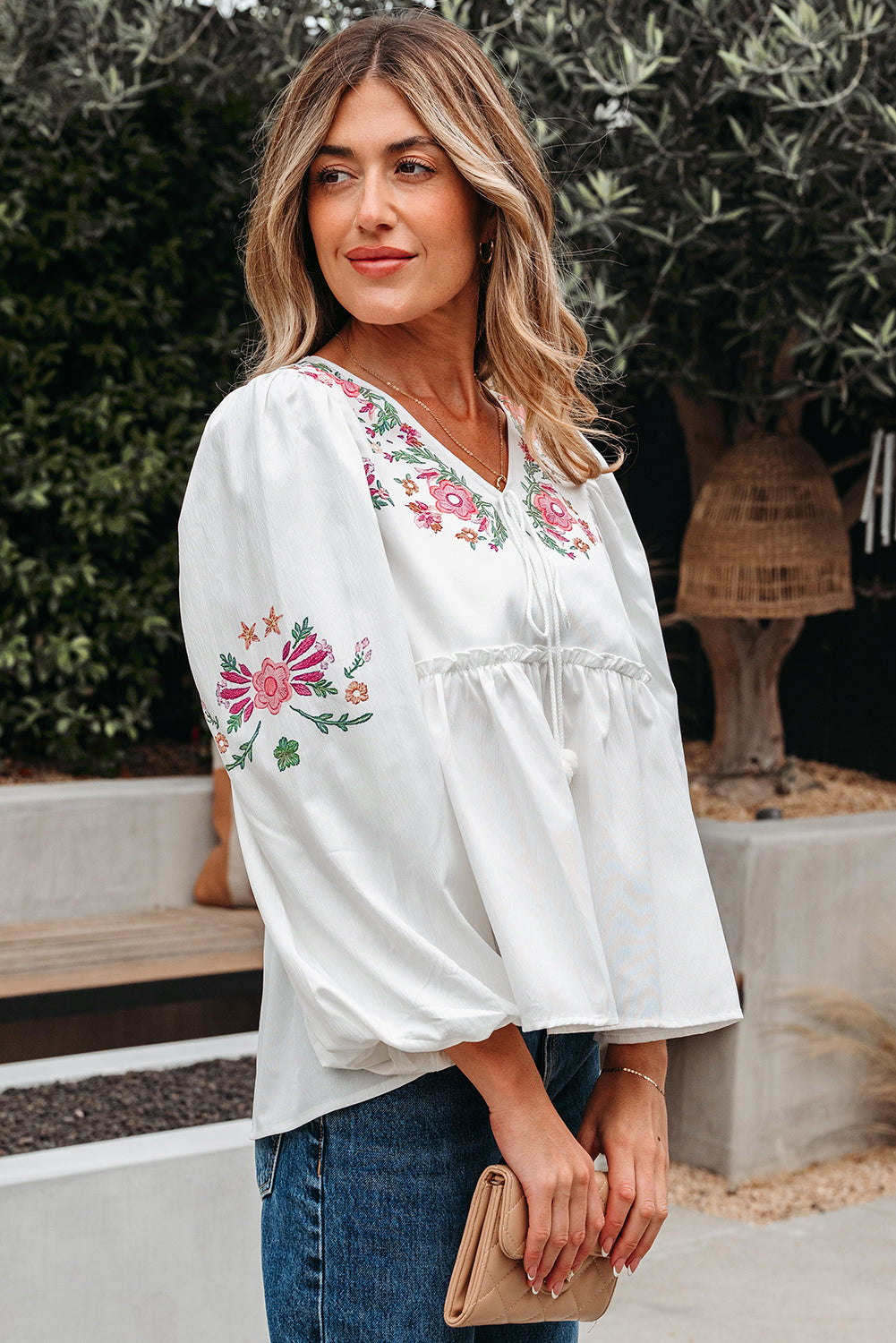 Skylar Flower Lace-up Babydoll Blouse Threaded Pear