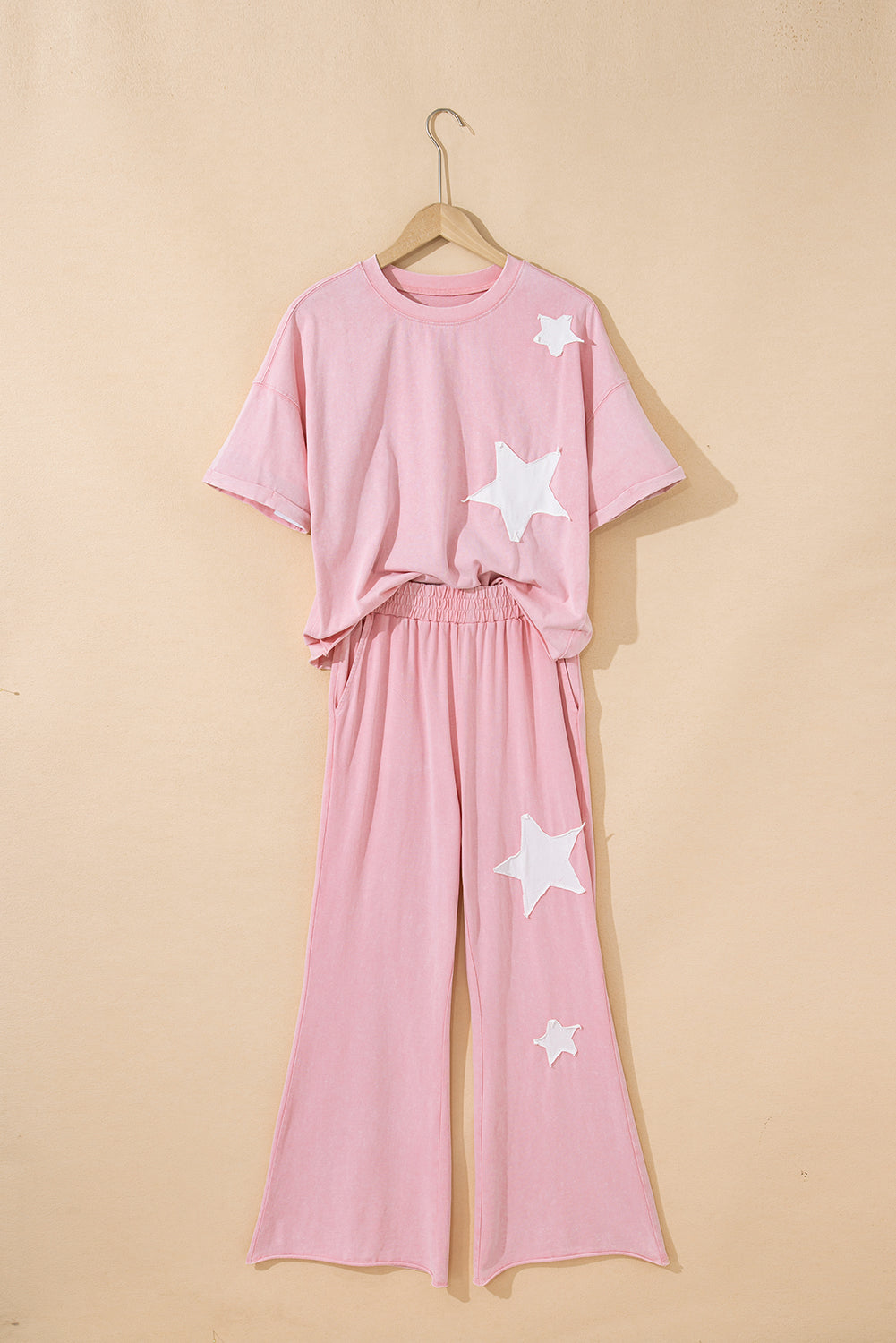 Arabella Acid Wash Star Patched Rolled Trim Pants Set Threaded Pear