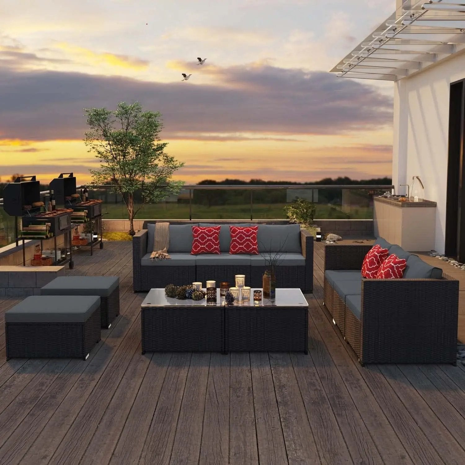 Outdoor Patio Furniture Sets All Weather Outdoor Sofa PE Garden Furniture Wicker Rattan Patio Conversation Set with Glass Table (Grey)-0