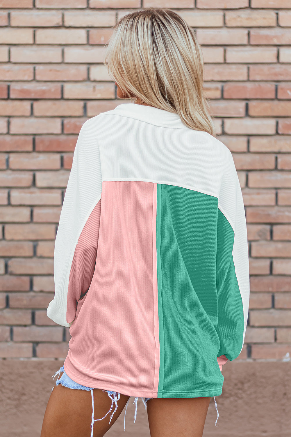 Kehlani Ribbed Collared Oversized Sweatshirt Threaded Pear
