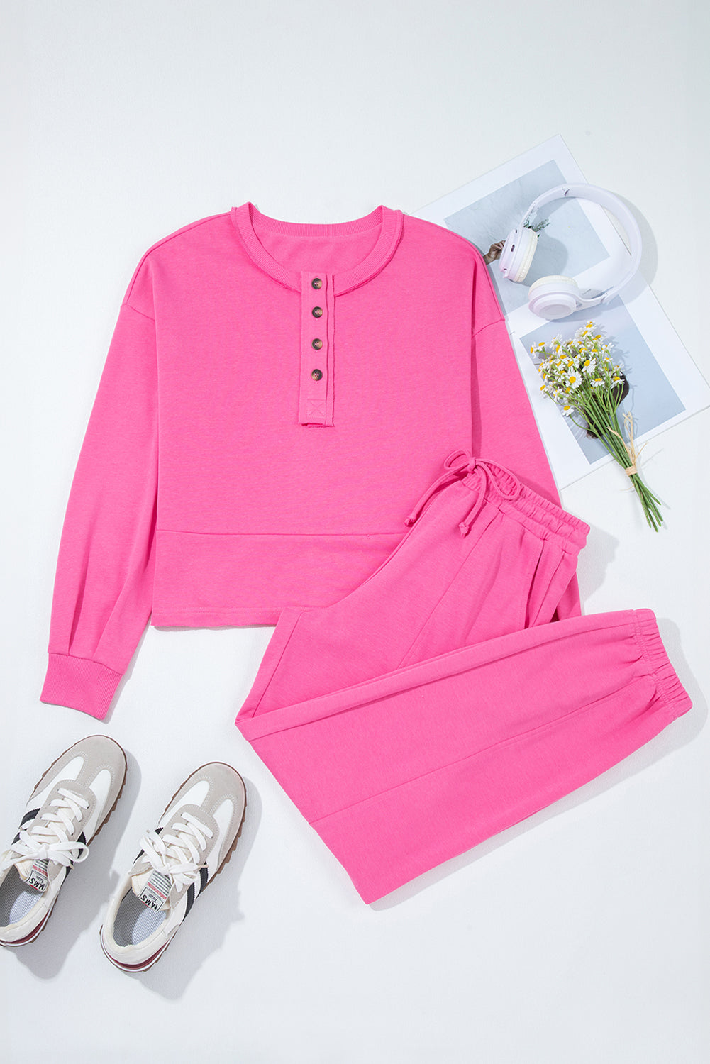 Vera Raw Edge Half Buttons Pullover and Jogger Pants Set Threaded Pear