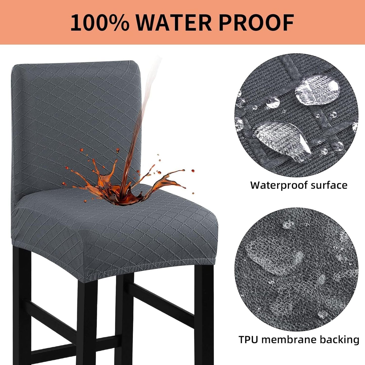 Waterproof Bar Stool Covers 4 PCS, Stretch Pub Stool Chair Slipcover Counter Stool Cover Bar Stool Slipcovers with Backs Removable Washable for Kitchen, Dining Room (Grey, 4PCS) ShipItFurniture