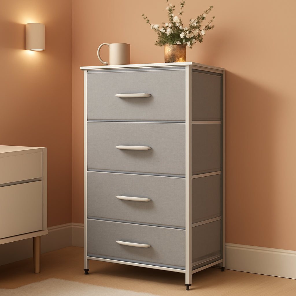 Light Grey Fabric 4 Drawer Dresser With Wood Top Storage ShipItFurniture