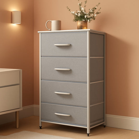 Light Grey Fabric 4 Drawer Dresser With Wood Top Storage ShipItFurniture