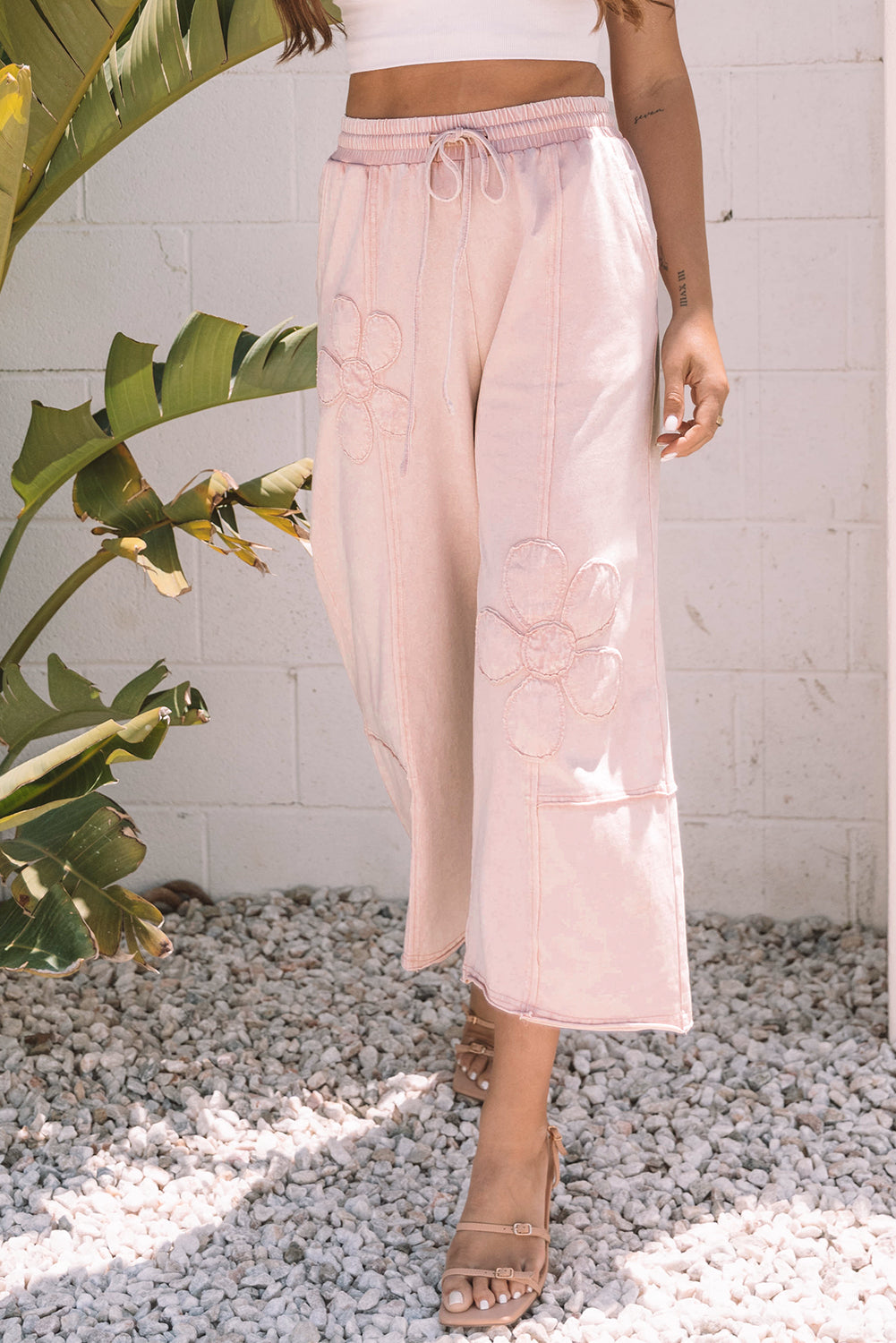 Gabriella Mineral Washed Terry Knit Cropped Wide Leg Pants Threaded Pear