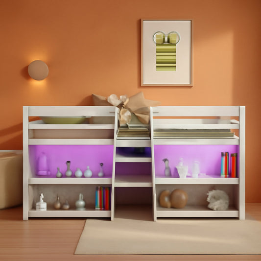 White Twin Low Loft Bed with LED & Stairs ShipItFurniture