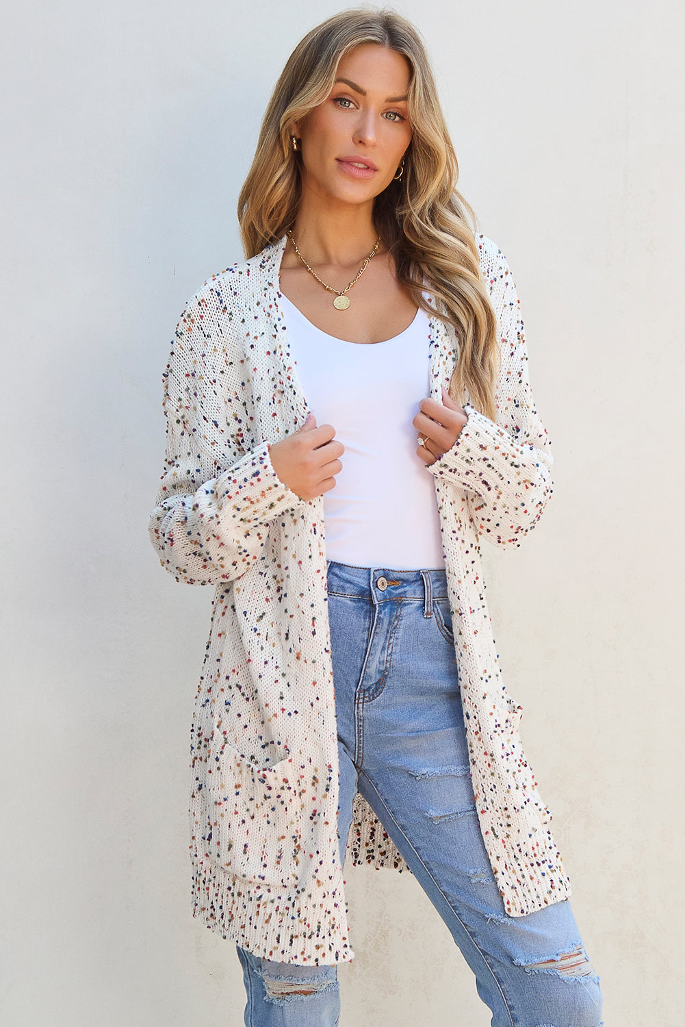 Ailany Confetti Rib Knit Long Sleeve Cardigan Threaded Pear