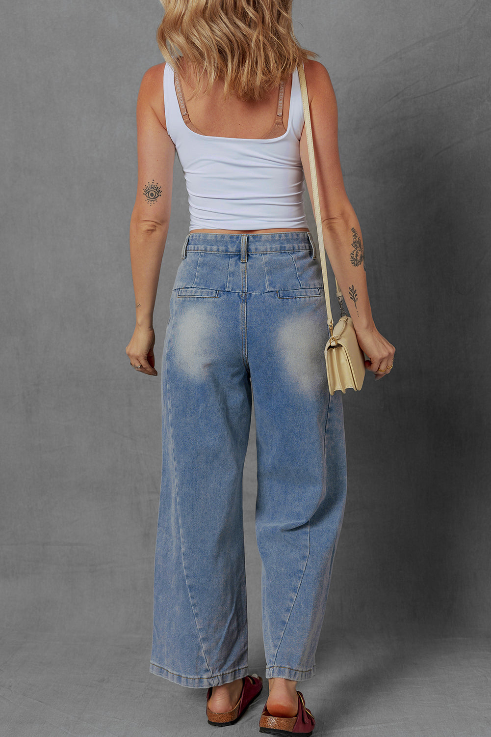 Scottie Blue Washed Pleated Detail Wide Leg Jeans Threaded Pear