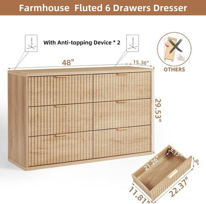 Fluted 6 Drawer Dresser 48 Inch Natural Wood Finish ShipItFurniture