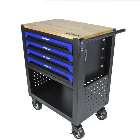 4 DRAWERS MULTIFUNCTIONAL TOOL CART WITH WHEELS AND WOODEN TOP-BLUE CJDropshipping