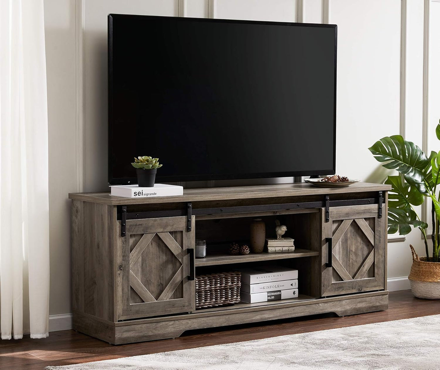 Farmhouse Sliding Barn Door TV Stand 65 Inch TV Wash Grey