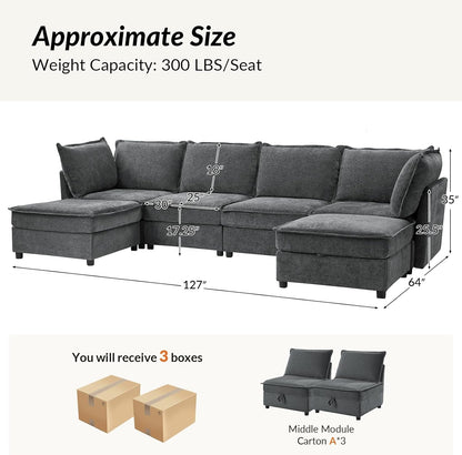 127 Inch Grey Modular Sectional Sofa With Storage Ottoman ShipItFurniture