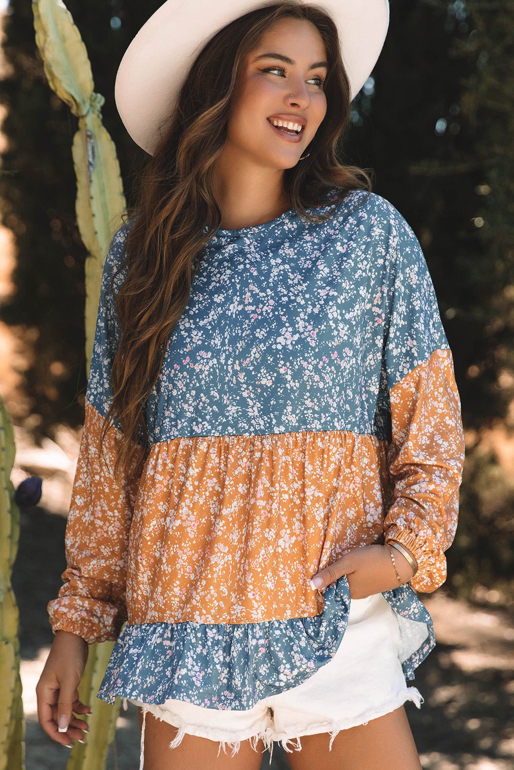 Cecilia Floral Ruffled Hem Round Neck Blouse Threaded Pear
