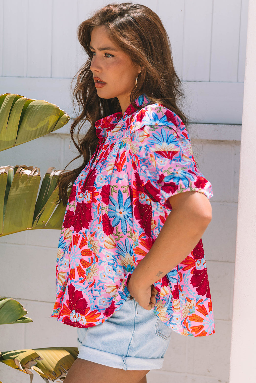 Mikaela Floral Bubble Sleeve Button Up Pleated Shirt