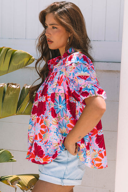 Mikaela Floral Bubble Sleeve Button Up Pleated Shirt