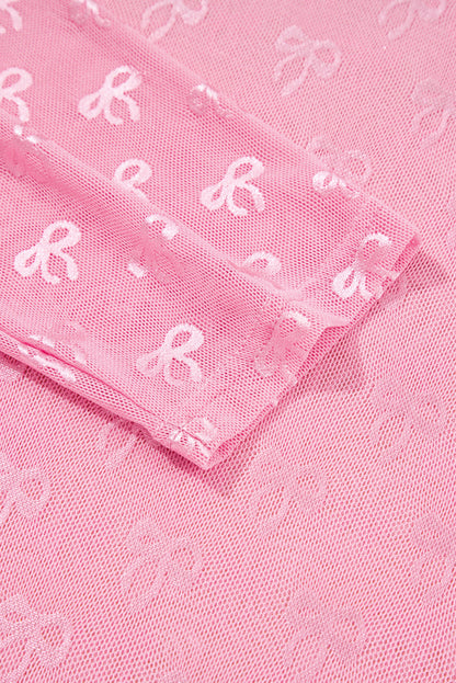 Pink Plus Size Bow Embroidered Mesh Long Sleeve Top