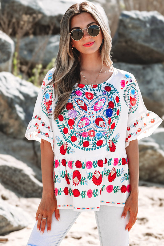 Selene Boho Floral Ruffle Trim Blouse