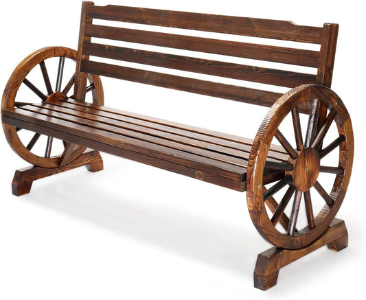 Rustic Wooden Garden Bench with Wagon Wheel Arms ShipItFurniture