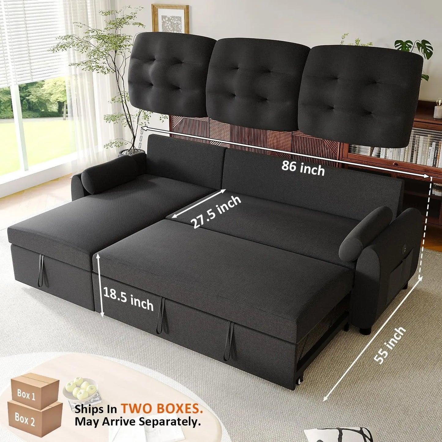 86Inch Convertible Sleeper Sectional With USB Ports ShipItFurniture