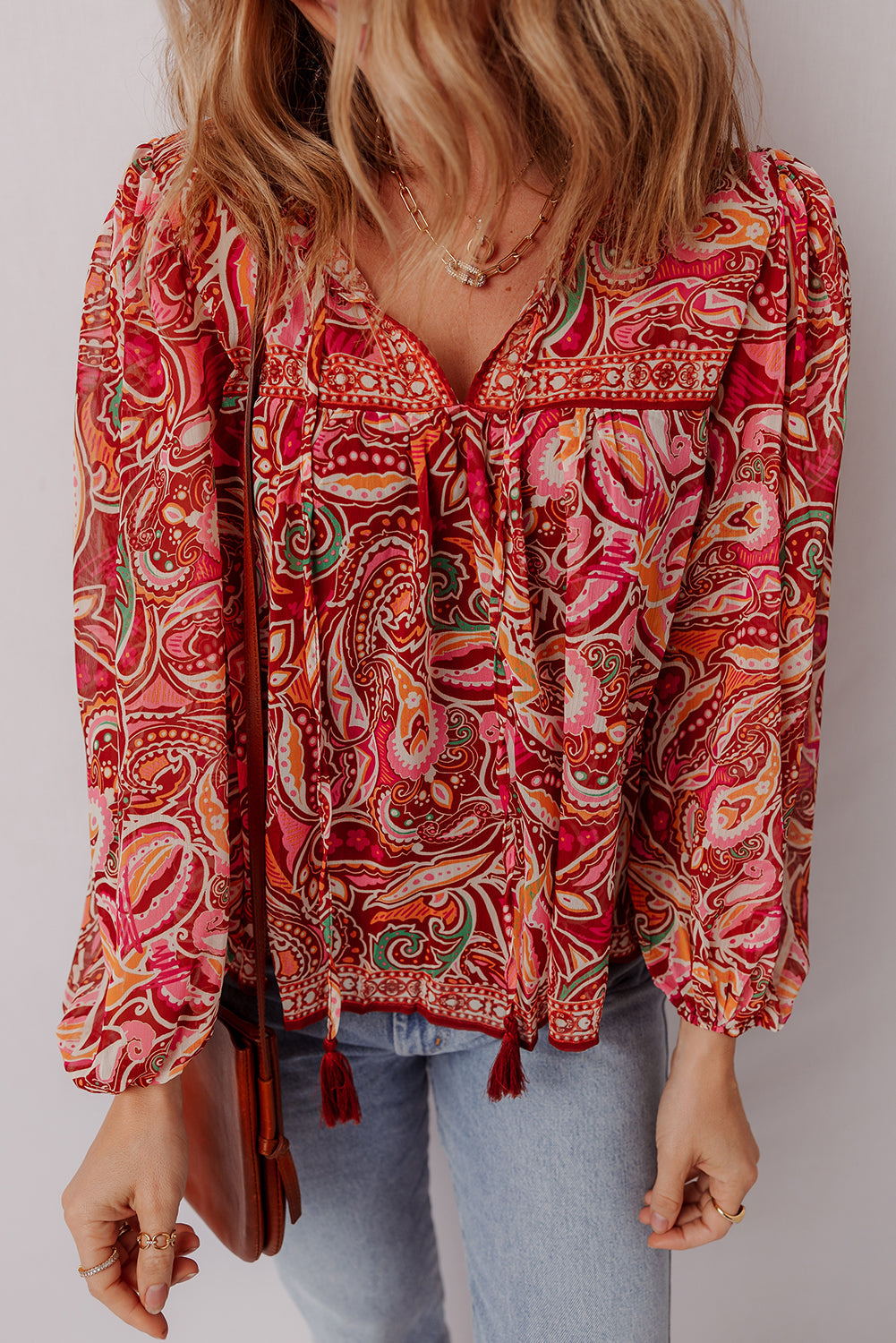 Quinn Paisley Tassel Tie Puff Sleeve Boho Blouse Threaded Pear