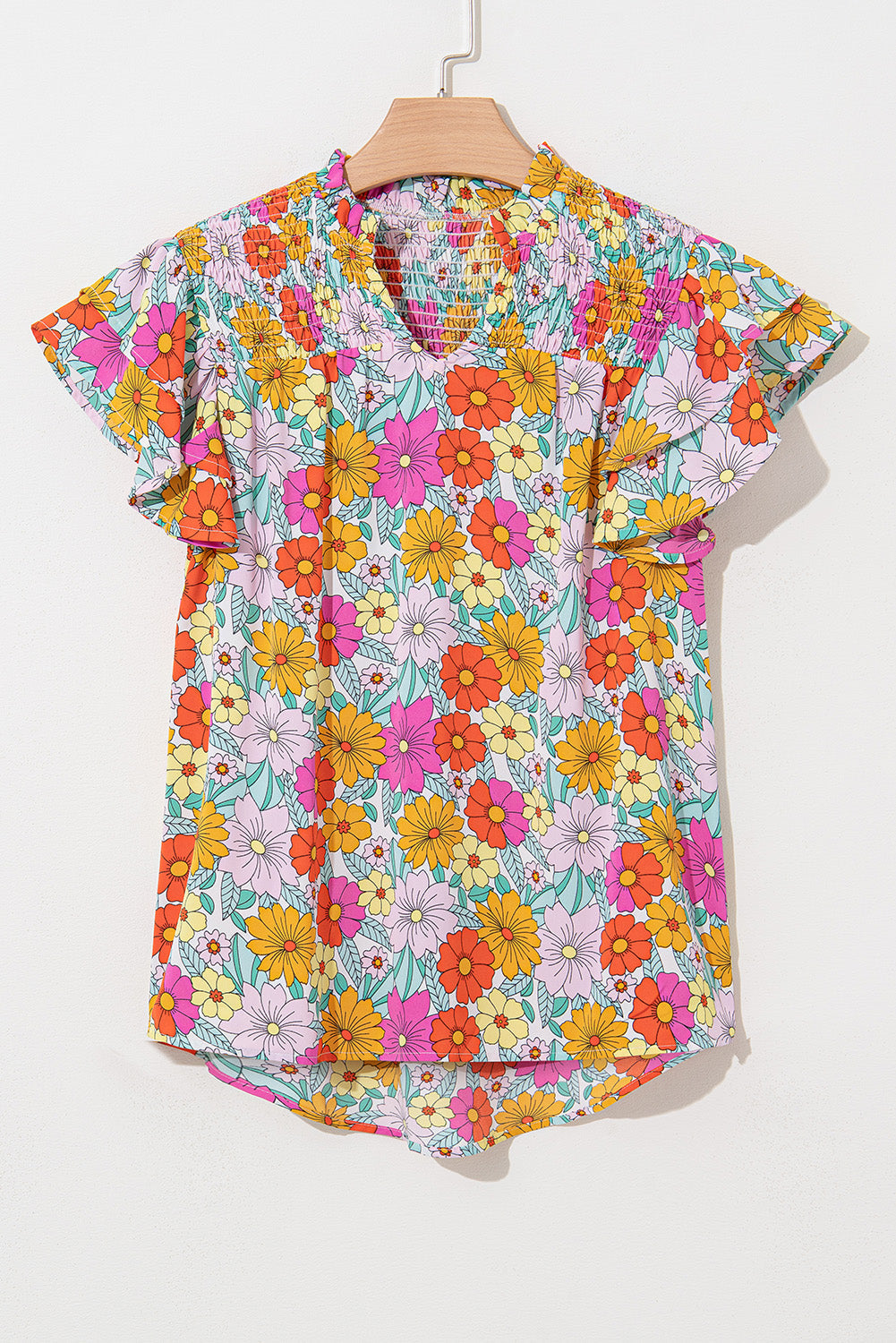 Leslie Floral Shirred Tiered Ruffled Sleeve Blouse