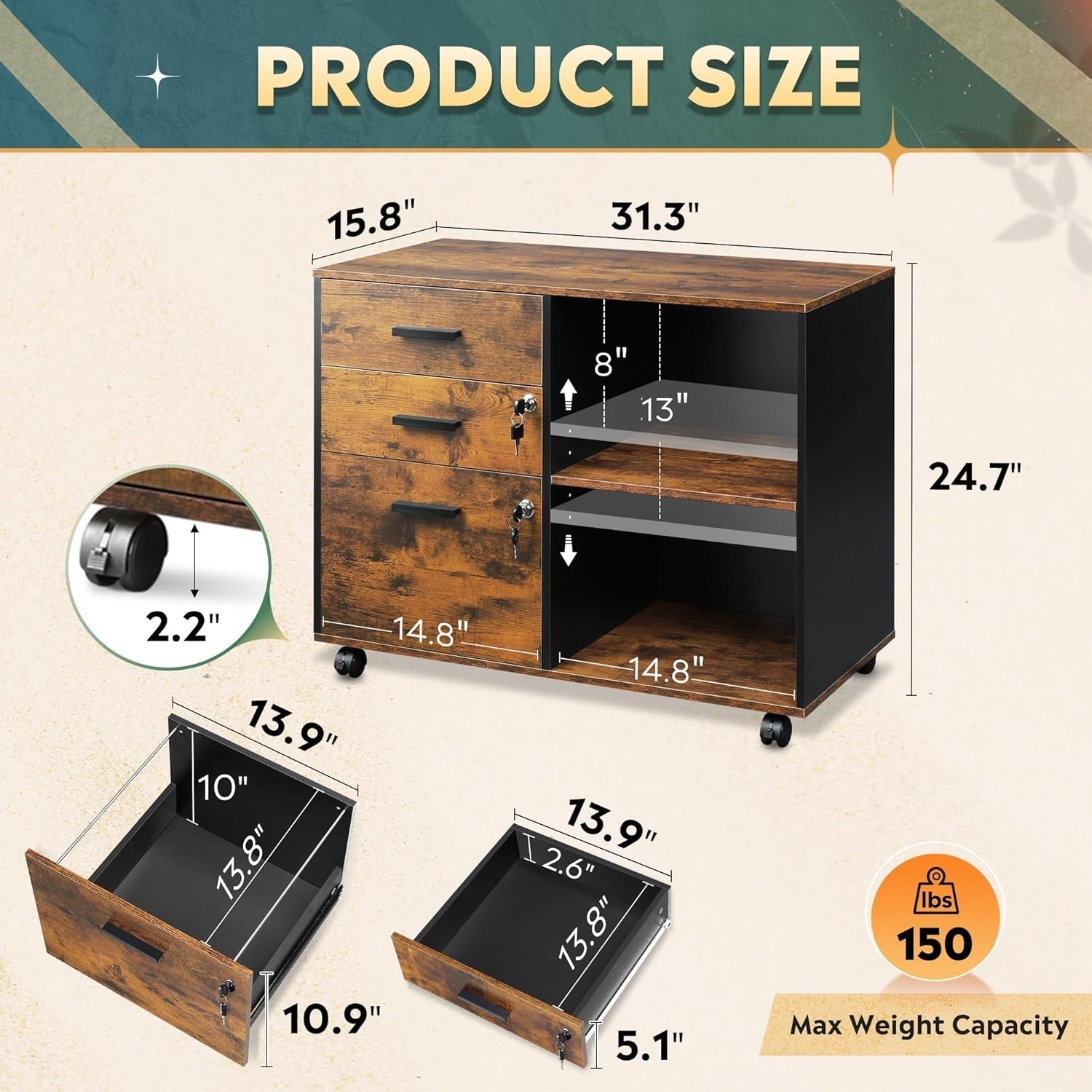 3 Drawer Wood File Cabinet With Lock For Home Office ShipItFurniture