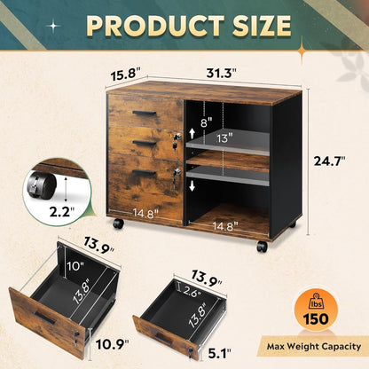 3 Drawer Wood File Cabinet With Lock For Home Office ShipItFurniture