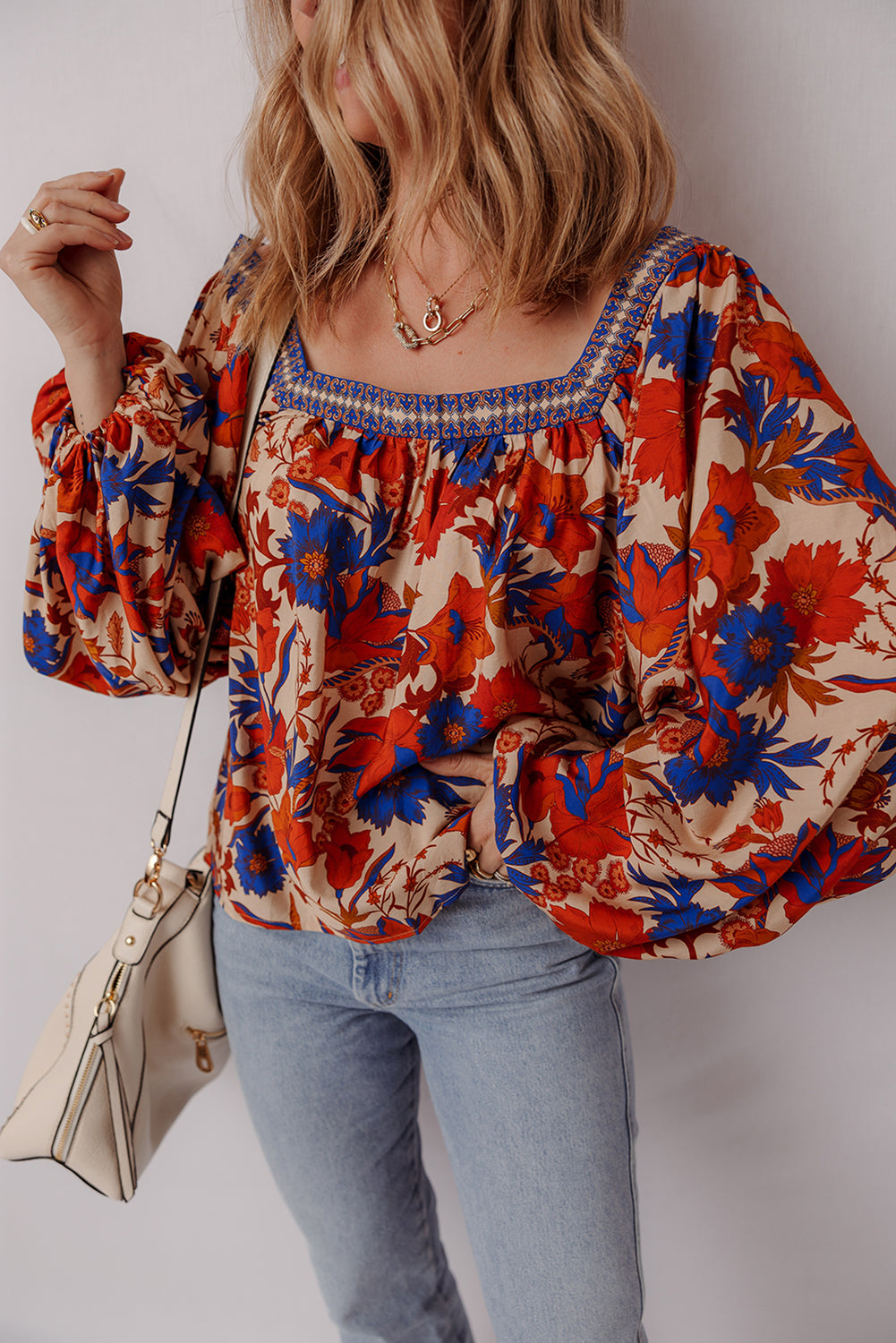 Adeline Floral Print Square Neck Backless Loose Fit Blouse Threaded Pear