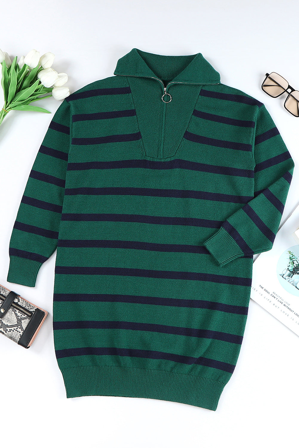 Iris Striped Zip Collared Loose Sweater Mini Dress Threaded Pear