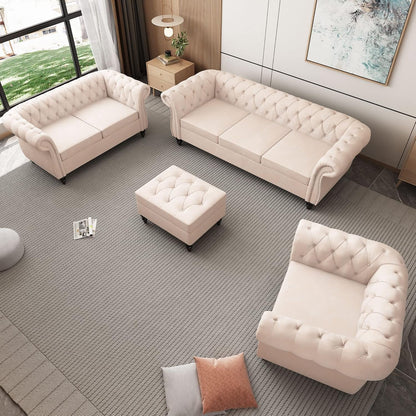 Beige Velvet Sectional Sofa Set With Button Tufting ShipItFurniture