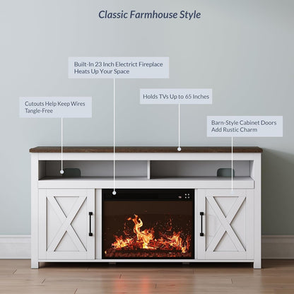 58 Inch White Farmhouse Fireplace TV Stand Cabinet