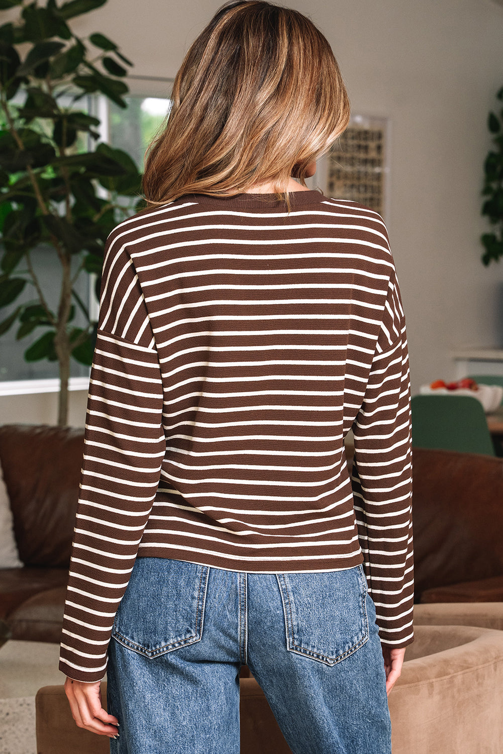 Ember Stripe Ribbed Cropped Crew Neck Top Threaded Pear