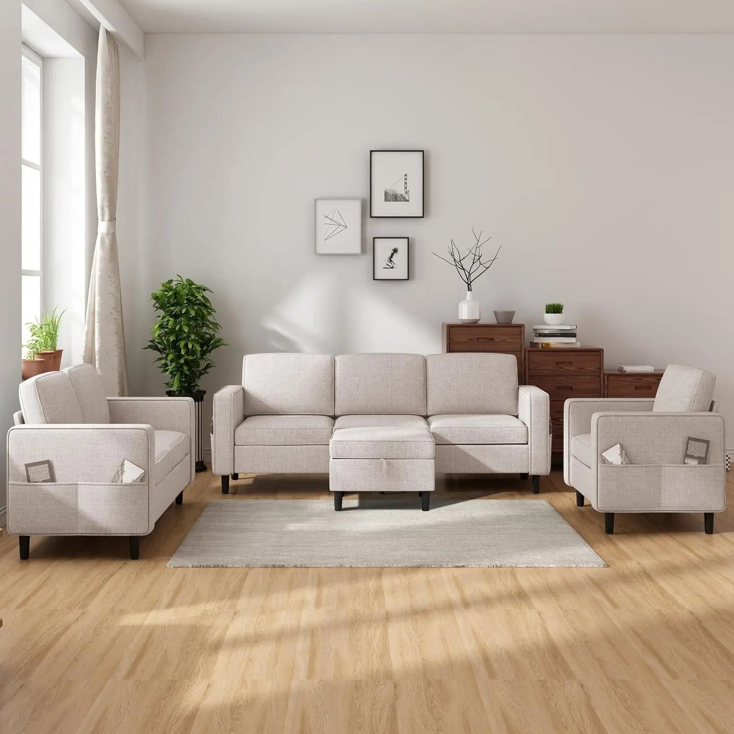 Beige 6 Seater Sectional Sofa With Movable Ottoman - Get it from Bo