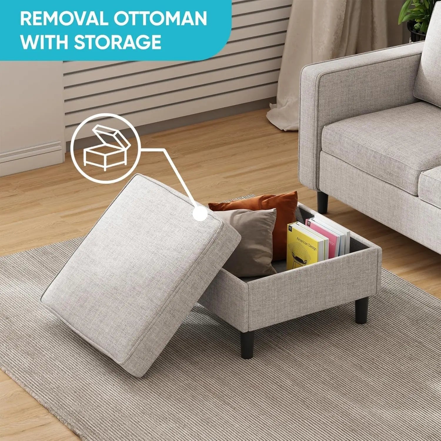 Beige 6 Seater Sectional Sofa With Movable Ottoman - Get it from Bo
