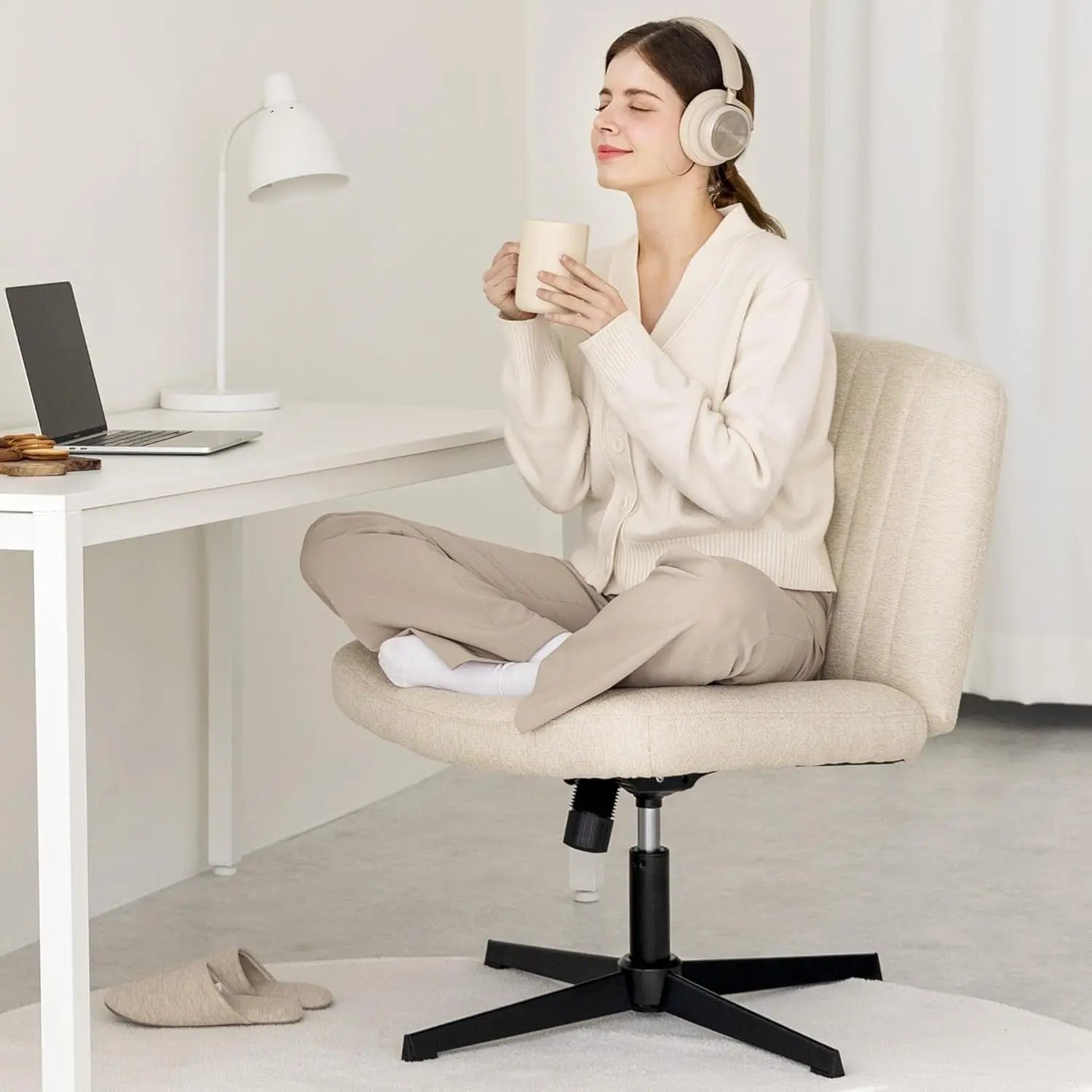 Beige Height Adjustable Swivel Office Desk Chair For Home Office - Get it from Bo