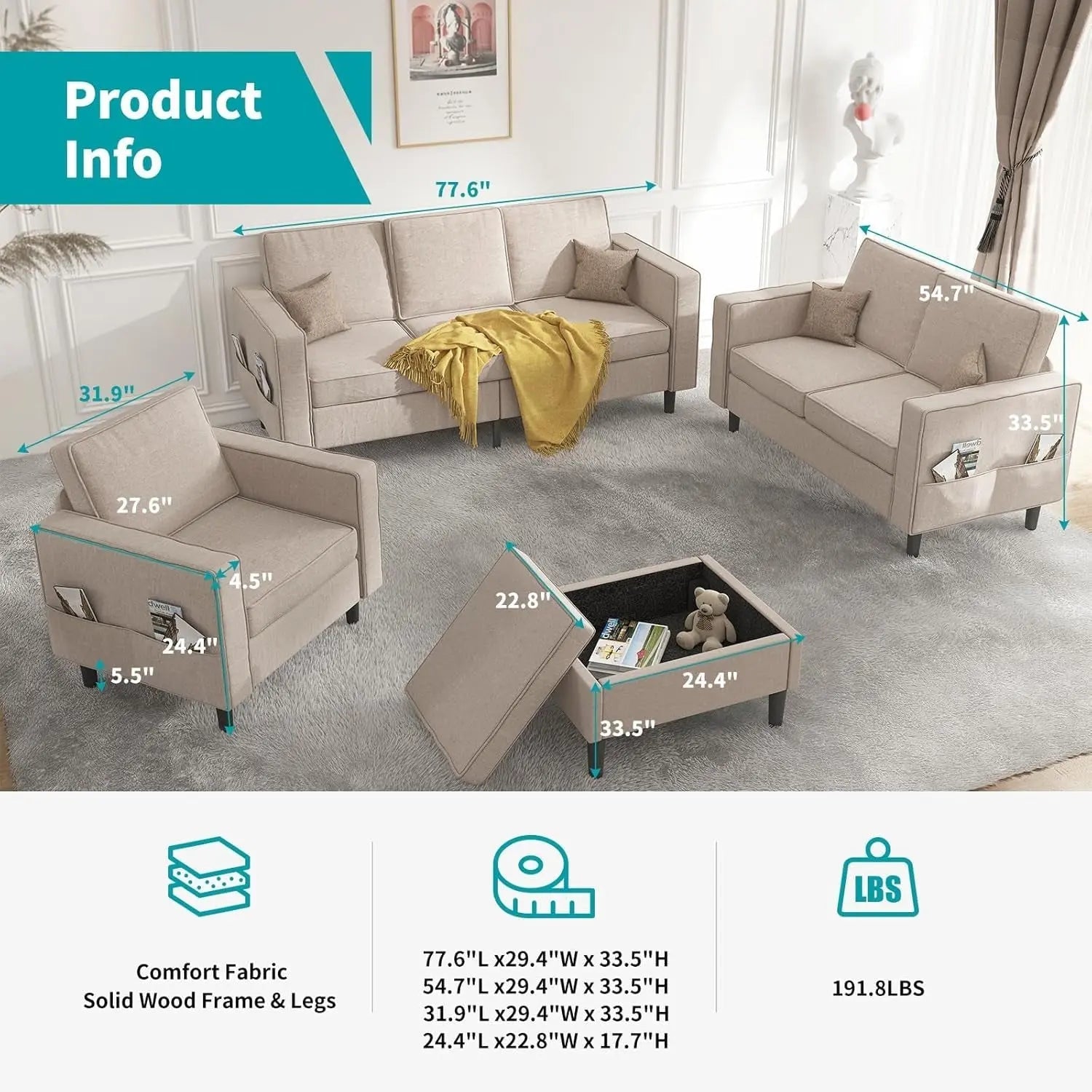 Beige Sectional Sofa Set With Movable Storage Ottoman - Get it from Bo