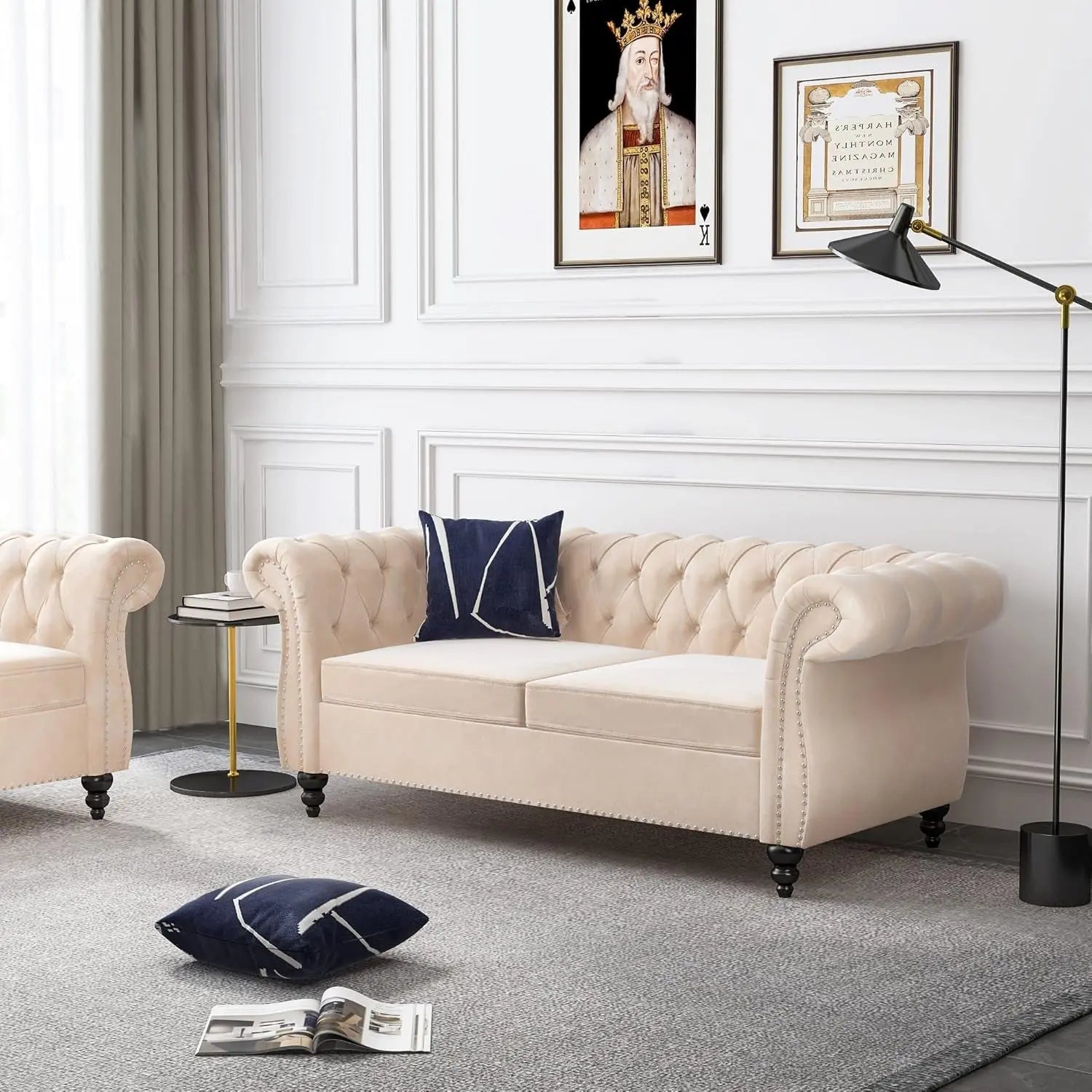 Beige Velvet Sectional Sofa Set With Button Tufting - Get it from Bo
