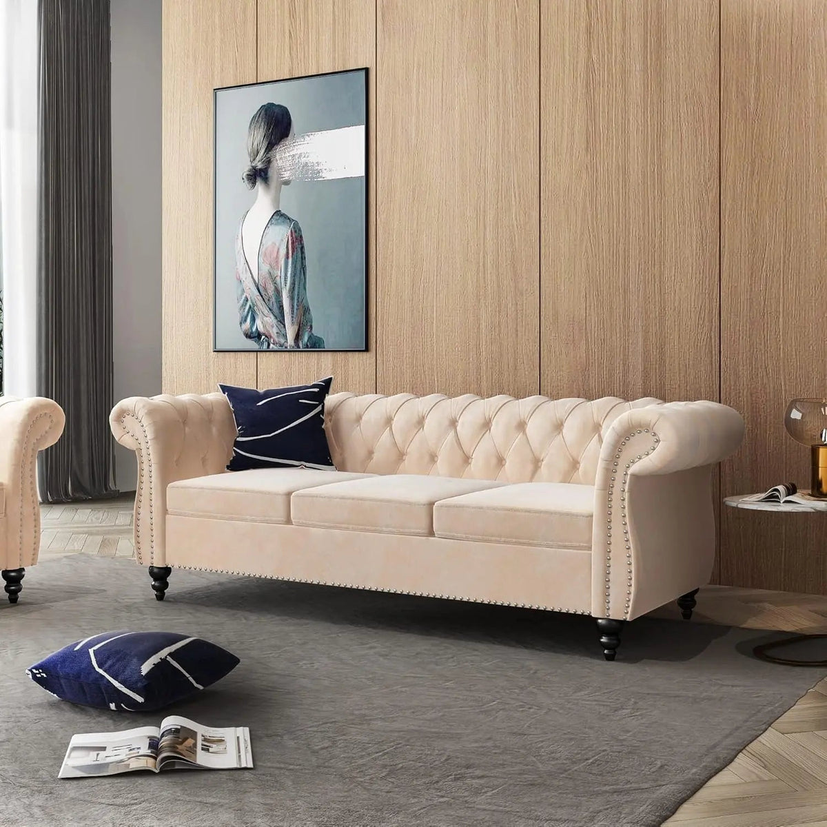Beige Velvet Sectional Sofa Set With Button Tufting - Get it from Bo