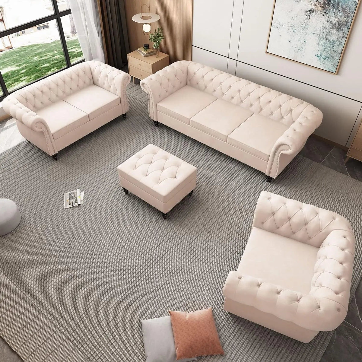 Beige Velvet Sectional Sofa Set With Button Tufting - Get it from Bo
