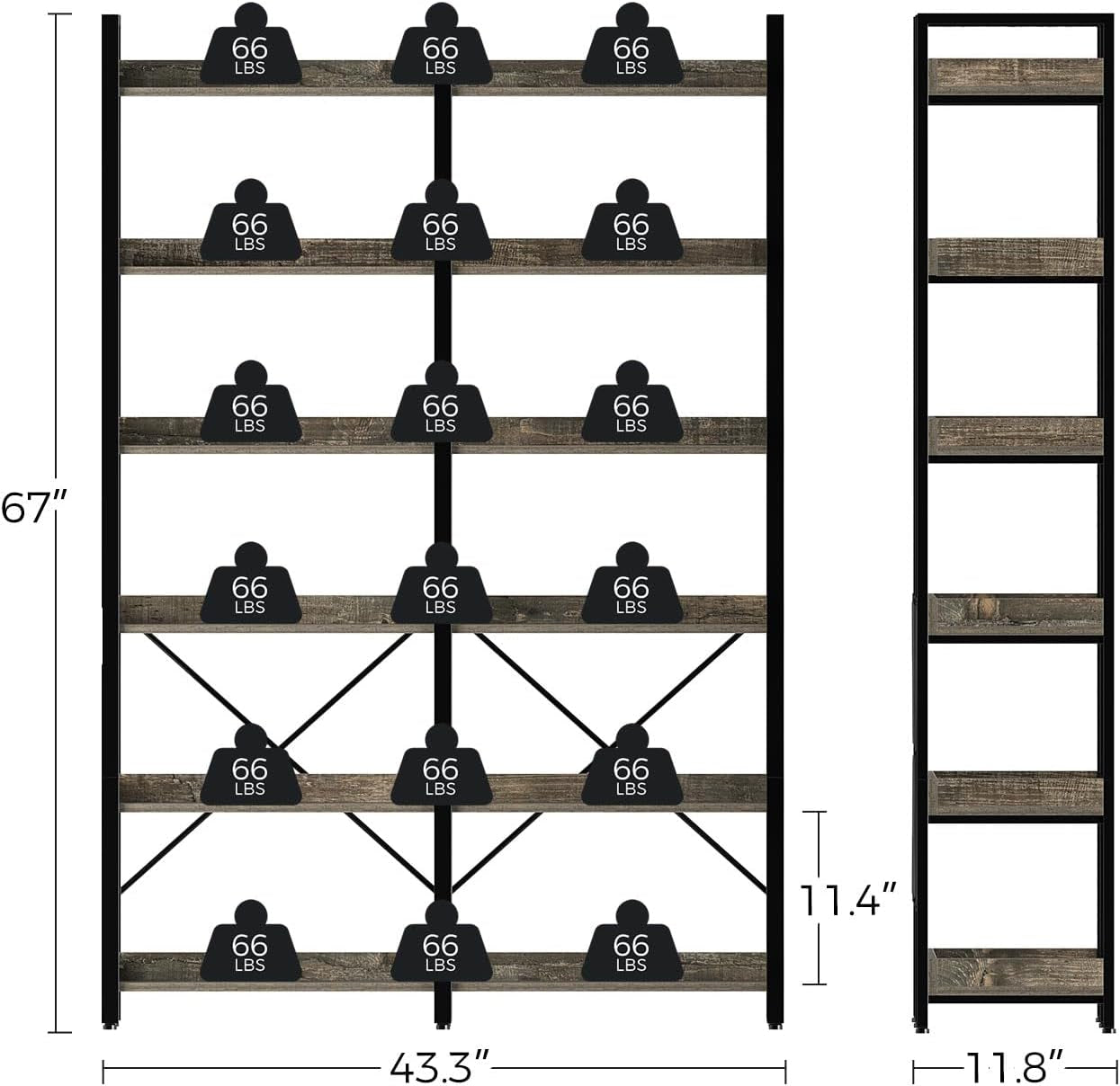 67 Inch Gray Industrial 6 Shelf Bookcase With Hooks ShipItFurniture