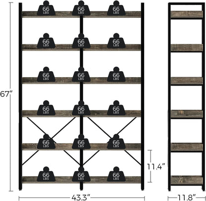 67 Inch Gray Industrial 6 Shelf Bookcase With Hooks ShipItFurniture